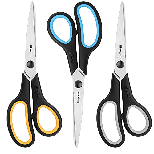 Scissors All Purpose, iBayam 8" Heavy Duty Scissors Bulk 3-Pack, 2.5mm Thickness Ultra Sharp Blade Shears with Comfort-Grip Handles for Office Home School Sewing Fabric Craft Supplies, Right/Left Hand - color: Yellow, Grey, Blue, size: 3-Pack