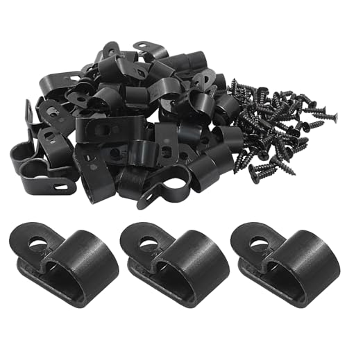 Hordion 50 Pack 1/2 Inch R-Type Cable Clips Cable Clamp, Nylon Mounting Clips Wire Fasteners for Electrical Wire Cord Management, Black