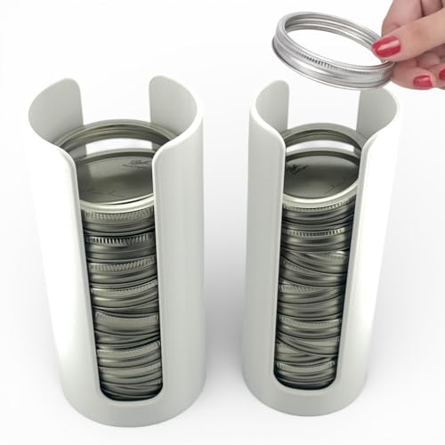 Mason Jar Lid Organizer | White Plastic Lid Storage Rack for Wide & Regular Mouth Mason Jars | Stackable Countertop & Cabinet Organizer | Fits Metal & Plastic Canning Lids