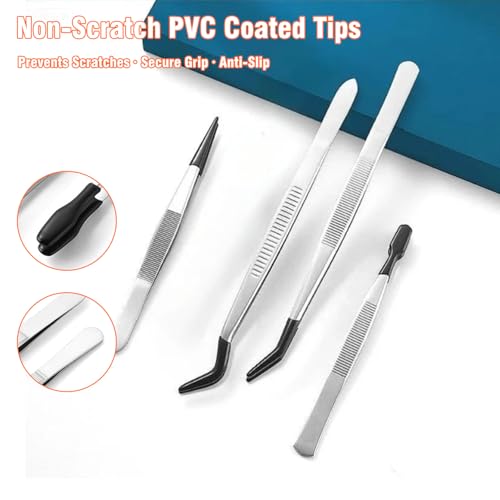 4 Pcs Rubber Tip Tweezers Set, Non-Scratch PVC Coated Tips - Fine Point, Flat & Bent Head Tweezers for Crafts, Jewelry Making, Electronics, Eyelash Extensions