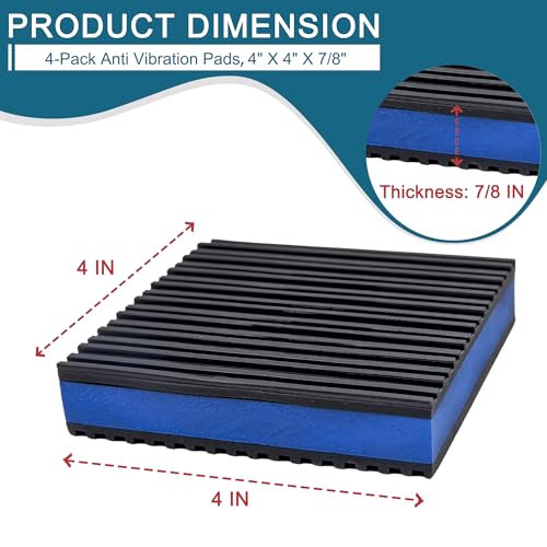 4-Pack Anti Vibration Pads, 4x4x7/8 Inch, EVA Rubber Isolation Mats, Heavy Duty Vibration Isolation Pads for Air Compressos, Conditioner, Treadmill, HVAC Washer Dryer