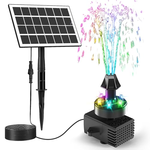 Jutai Solar Fountain Kit Colorful Lights,3.5W Glass Panel Solar Water Pump with 2000mAH Battery, Sucker & Stake for Bird Bath, Garden, Outdoor, Water Feature-16.4ft Power Cord,7 Nozzles - color: Colorful Led