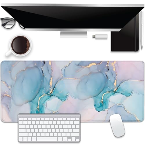 Cyan Blue Marble Desk Pad Mouse Pad,Large XL Mouse Mat with Stitched Edges,Non-Slip Rubber Base Mousepad for Office PC Keyboard Laptop and Home Work Desk Mat(27.5X11.8 in) - color: Light marble