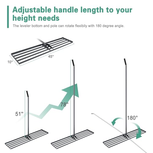 Lawn Leveling Rake 45"x10", Heavy Duty Rakes for Lawns with Anti-Rust Coating & Adjustable Handle, Effort-Saving Lawn Leveler for Yard Garden Farm Golf Course Lawn Care