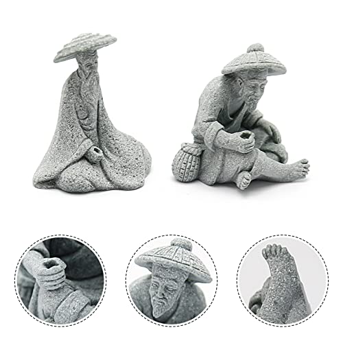 2PCS Mini Sitting Fishing Figurines Sandstone Vintage Ornament Japanese Decor for Fish Tank Pot Garden Home Aquarium Mini Fisherman Statue Asian Zen Decorations - size: Small Size
