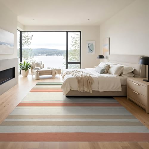 9'x12' Washable Scandinavian Stripe Area Rug, Coral Foldable Oversized Carpet Low Profile Flatwoven Floor Covering for Great Room, Indoor Open Concept, Large Living Room | Ref:1993948 - color: Beige/Pattern 22, size: 9' x 12' (Rectangular)