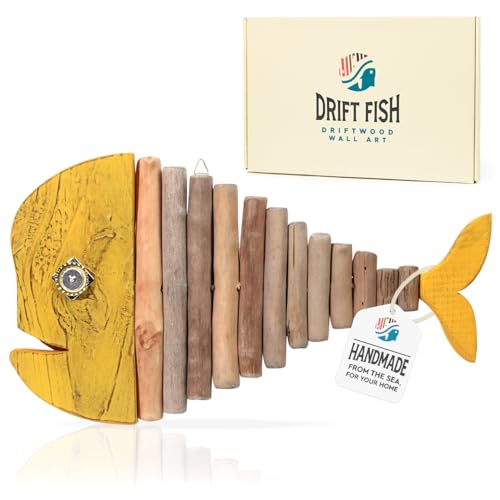 Driftwood Fish Nautical Wall Decor - Handmade Wooden Rustic Coastal Wall Art for Living Room, Bedroom, Office, Bathroom - Ocean Beach Decoration (Goldie)
