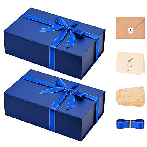 LIFELUM Navy Blue Gift Boxes 2 Pack 13.85 x 8.35 x 4.45 inch, Gift Box for Presents with Ribbon,Card,Shredded Paper Filler Magnetic Closure for Business, Father's Day, Holidays,Birthdays - color: Navy Blue, size: 1 count (Pack of 2)