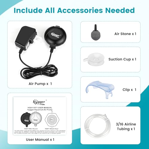 hygger Quiet Mini Air Pump for Aquarium 1.5 Watt Oxygen Fish Air Pump for 1-15 Gallon Fish Tank with Air Stone Air Tubing Clip Black - color: Black