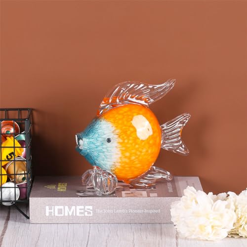 QIANLING Glass Fish Figurines - Coastal Home Decor, Modern Ocean Centerpieces for Living Room, Dining Area, Bathroom, Office, Coffee Table, Beach House, Nautical, Seaside, Entrance, Shelf Display - color: Blue & Orange Fish