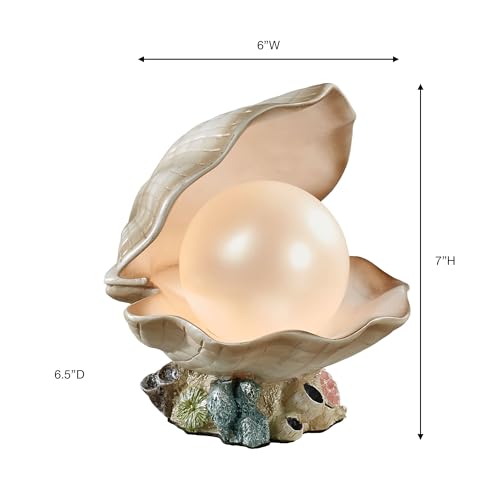 Clamshell Pearl Accent Lamp Night Light Ivory - Handcrafted Resin Clam - Coastal Style Lighting - Nautical Theme - Ocean Nightlight Bulb Included with Beach Shell Decoration - 7 Inches High