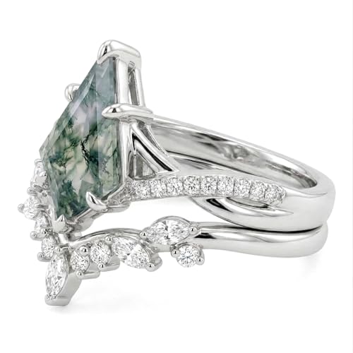 Natural Moss Agate Engagement Ring Set for Women, Unique Genuine Moss Agate Ring, 925 Sterling Silver 10K 14K 18K Solid Gold Nature Inspired Bridal Set, Boho Wedding Jewelry Gift - color: Six