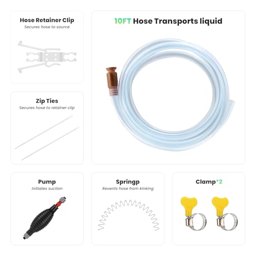 10FT Siphon Components Kit, Portable Manual Oil Sucker Pump, with Hose, Hose Retainer Clip, Copper Jiggler, Zip Ties, Shut-off Valve & Spring for Efficient Liquid Transfer - size: 10ft kit