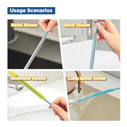 YOTIME Silicone Straw Cleaner Brush, 2Pcs Reusable Straw Brush Extra Long for Cleaning Tumbler with Handle and Glass Metal Smoothie Straws, Non-slip Handle Soft and Bendable, 6mm+9mm, Blue - color: Blue