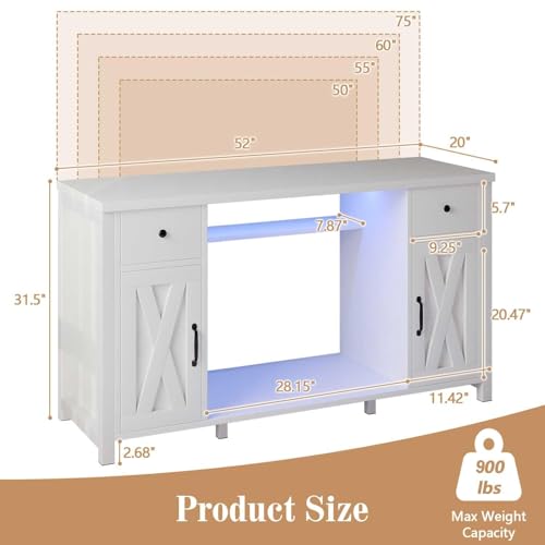 55-75 Gallon Fish Tank Stand with Power Outlet & LED Lights, 55 Gallon Aquarium Stand with Storage Drawers & Barn Doors, Heavy Duty Reptile Tank Cabinet for Turtle, Reptile Terrarium, White - color: White