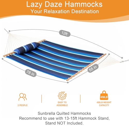 Lazy Daze Hammocks 12 FT Sunbrella Fabric Hammock Non-Fading with Spreader Bars and Free Pillow Fits for 2 Persons, All Weather and Fade Resistant for Patio Yard, 450 lbs Capacity, Gateway Indigo - color: Gateway Indigo