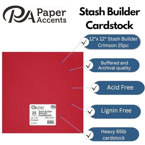 PA Paper Accents Stash Builder Cardstock Pack 12" x 12" Crimson, 65lb colored cardstock paper for card making, scrapbooking, printing, quilling and crafts, 25 pieces - color: Crimson