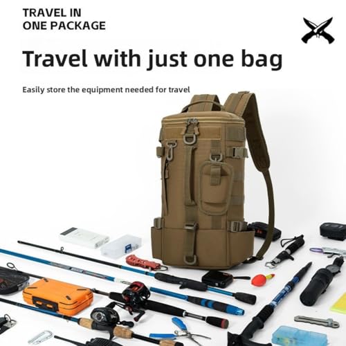 Tactical Fishing Backpack with Rod Holders,35L MOLLE Tackle Bag Water Resistant for Men and Women,Outdoor Gear Storage for Saltwater and Freshwater (Brown) - color: Brown