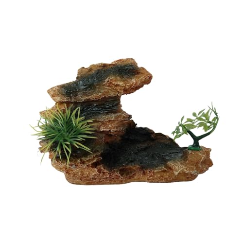 Aquarium Mountain View Stone Ornament with Tree, Artificial Resin Fish Tank Rock Cave Hill Landscape Decoration, Small Fish Hideaway Hideout for Betta Crab Shrimp