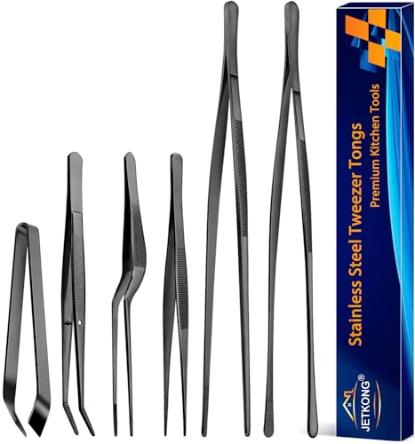 JETKONG 6 Pcs Cooking Tweezer Tongs, 12'' and 6.3" Stainless Steel Kitchen Tweezer Set, Professional Chef Tweezers for Cooking, Repairing, Sea Food, BBQ, Multi-use (Black) - color: Black