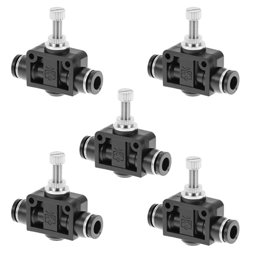 QWORK 1/4 Copper Air Flow Control Valve with Push-to-Connect Fitting, 1/4" Tube OD, Union Pneumatic Speed Control Flow Controller, 5 Pack