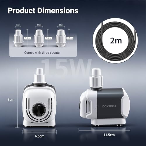 Aquarium Water Pump, 265GPH Dual-Use Fountain Pump - 15w Submersible/External with 3 Outlet Nozzles for Aquariums, Fish Tank, Fountains, Hydroponics (Adjustable Flow, Ultra Quiet)