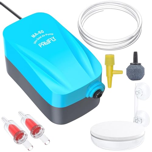 Pawfly Aquarium Compact Air Pump 15-40 GPH Quiet Oxygen Pump for 3-20 Gallon Fish Tanks Aerator Pump with Air Stone Disc Nano Bio Sponge Filter Airline Tubing and Check Valve Accessories - style: With Air Stone Disc