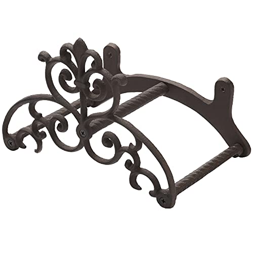 MyGift Brown Heavy Duty Cast Iron Outdoor Garden Hose Hanger Wall Mounted Water Hose Holder Reel with Vintage Scrollwork Design - style: Vintage Scrollwork