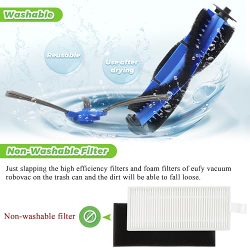 Replacement Parts for Eufy Robovac 11s, 12, 15C, 15T, 25C, 30, 30C, 35C Vacuum Parts, the eufy filter replacement parts include: 8 side brushes, 8 filters, 1 rolling brush, 1 cleaning brush