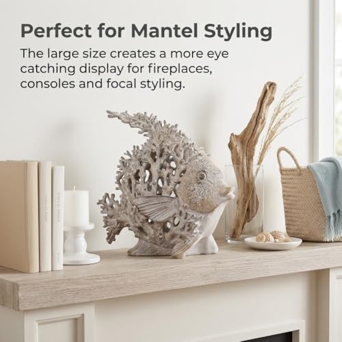 9.84'' Ocean Coral Fish Sculpture - Resin Coastal Fish Figurine with Coral Backdrop, Ocean Blue & Sandy Beige Finish - Nautical Tabletop Accent for Living Room, Beach House & Bathroom Decor - color: Antique White, size: Large