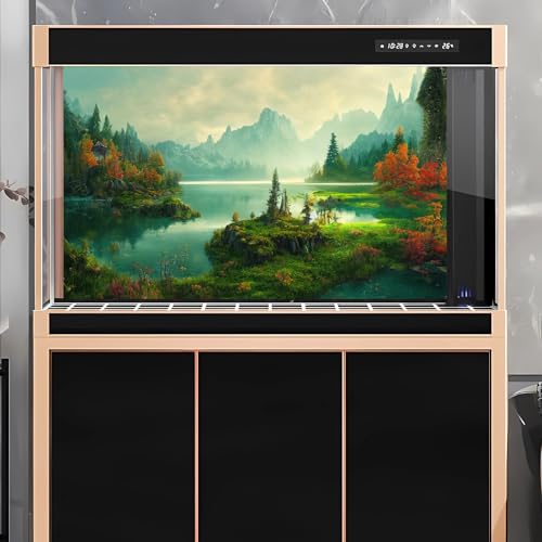 Autumn Landscape Aquarium Background Jungle Plants Rainforest Fish Tank Background Foggy Misty Mountains Terrarium Background Tranquil Lake Natural Scenery Aquarium Backdrops Vinyl 24x12in - color: Green_Purple, size: 24(W)x12(H)in