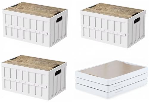 VIMI 50L Collapsible Storage Bins with Lids Stackable Utility Crates with Handles Plastic Large Folding Containers for Organizing Tools,Books,Food,Drinks,Camping&Transport (White-3 Pack) - color: White-3 Pack