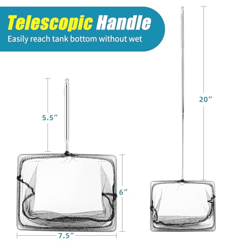 AQUANEAT Aquarium Net with Extendable Long Handle, Adjustable Wastes Skimming Cleaning Tools for Fish Tanks, 8 inch - size: 8 Inch