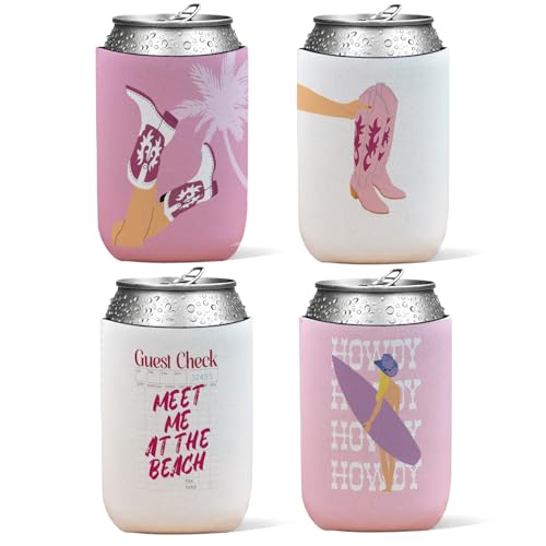 4 Pack Western Coastal Cowgirl Reusable Neoprene Insulator Cup Sleeve for Cold and Hot Drinks, Pink Western Preppy Beach Coastal Cowgirl Can Drink Sleeves Cooler Sleeves Gifts for Women - color: Coast Cowgirl（Pink)-cup
