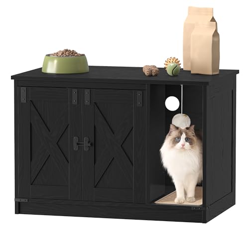 Hzuaneri Cat Litter Box Enclosure, Hidden Litter Box Cabinet Furniture with Bell, Indoor Cat House, Farmhouse Style, 31.5 x 19.7 x 20.9Inches, for Hallway, Bedroom, Black CB82404X - color: Black, size: 31.5"L x 19.7"W x 20.9"H