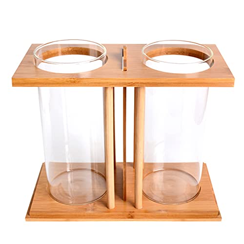 Dual Chamber Bamboo Desktop Aquarium - Mini Betta Fish Tank with LED Light, 360° View Glass Tanks for Goldfish or Small Fish, Home Office Decor