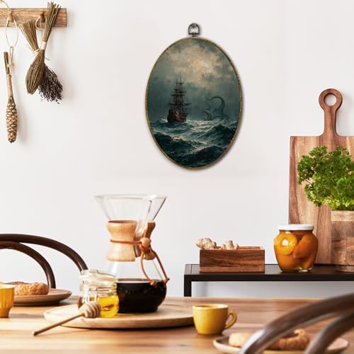 XFCICRLJ Coastal Beach Nautical Wall Art Decor, Dark Academia Nautical Aesthetic Oval Canvas Prints Framed, Moody Ocean Wall Art Decorations for Home Bedroom Living Room Decor, 11x8.5 Inch - color: Ocean