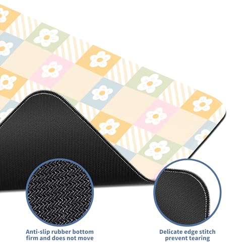 Cute Checkered Mouse Pad Large Desk Mat Extended Keyboard XL Mouse Pad Kawaii Mousepad with Non-Slip Base and Stitched Edge Daisy Mouse Mat Desk Pad 31.5 x 11.8 in Mouse Pads for Desk Home Office - color: Colorful Daisy Checkered