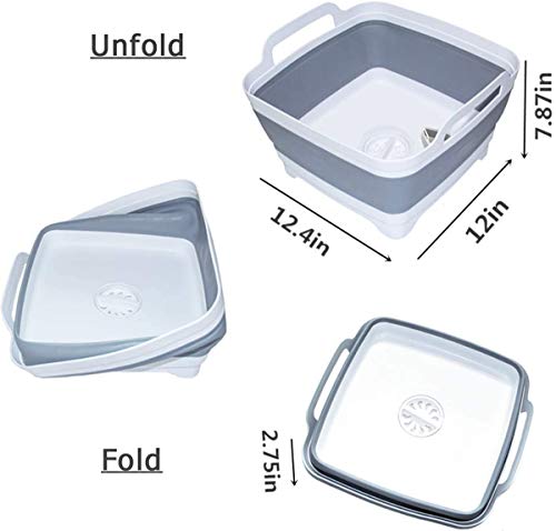9L (2.4Gal) Dish Basin Collapsible with Drain Plug Carry Handles,Kitchen Storage Tray Dish Wash Basin, Portable Dish Tub, Foldable Dishpan for Camping,RV,Gray - color: Gray