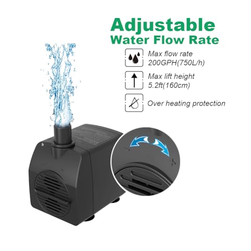 Knifel Submersible Pump 200GPH Ultra Quiet with Over Heating Protection 5.2ft High Lift for Fountains, Hydroponics, Ponds, Aquariums & More… - size: 200GPH with Over Heating Protection