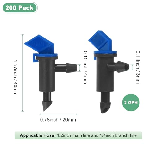 M METERXITY 200-Pack Flag Irrigation Dripper Emitter, 8L/H 2 GPH Plastic Drip Irrigation Connect for Garden/Trees/Herbs/Aquarium, Irrigation System Parts Tool [Black]