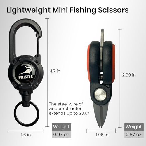 Pristis Mini Fishing Scissors, Compact Stainless Steel Blades Line Cutter Multi Tool with Non-Slip Handle, Micro Serrated Edge Pliers Gear Kit for Saltwater Freshwater Braided Fluorocarbon Mono Lines