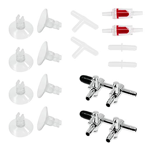 2-Way Aquarium Air Flow Control Lever Valve Distributor Accessories Set with Check Valve, T & Straight Connector and Suction Cups