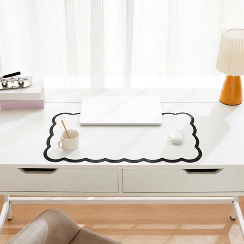 Scalloped Desk Mat, 23.6" x 11.8" Cute Small Aesthetic Desk Accessories, PU Leather Computer Laptop Desk Mouse Keyboard Pad, Desk Writing Mat for Vanity/Work/Home Decor Black - color: Black, size: 23.6" x 11.8"