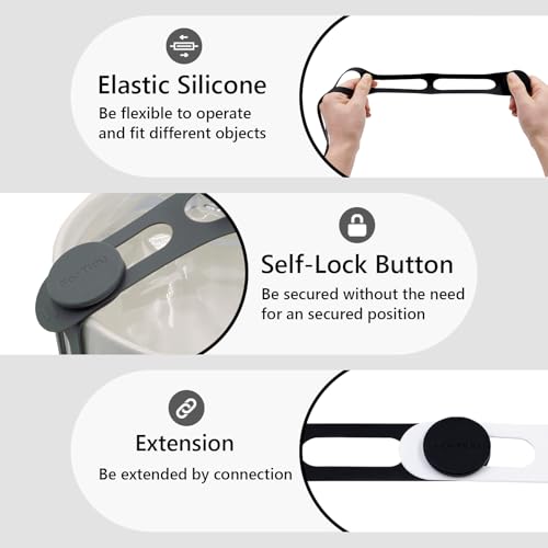 FORTIDY Silicone Latch Strap for Slow Cooker Lid, Patented Reusable Elastic Self-Locking Silicone Tie for Organizing Pot, Bento Box, Curtain, Cords, Yoga Mat, Camping Mat, 2pack (Black&Gray) - color: Black&Gray