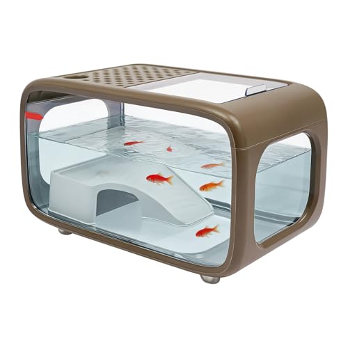 Turtle Tank with Basking Platform/Hideout, 3 Gal Escape-Proof Turtle Aquarium, Multi-Zone Aquatic Tortoise Enclosure for Baby Tortoise,Fishes and Amphibians (Brown) - color: Brown