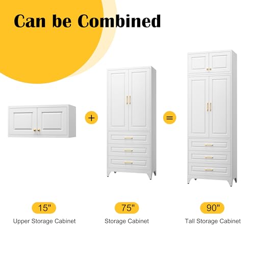 SteeLoong 90" Kitchen Pantry Cabinet with 3 Drawer,Metal Storage Cabinets with Doors and 4 Adjustable Shelves,White Kitchen Cabinet with 2 Gold Handles,Food Cupboard for Livingroom,Pantry, Bathroom - color: White, size: 90"H 3 Drawers