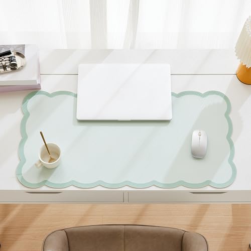 Scalloped Desk Mat, 31.5" x 15.7" Large Cute Aesthetic Desk Accessories, PU Leather Computer Laptop Desk Mouse Keyboard Pad, Desk Writing Mat for Vanity/Work/Home Decor (Sage, 31.5" x 15.7") - color: Sage, size: 31.5" x 15.7"