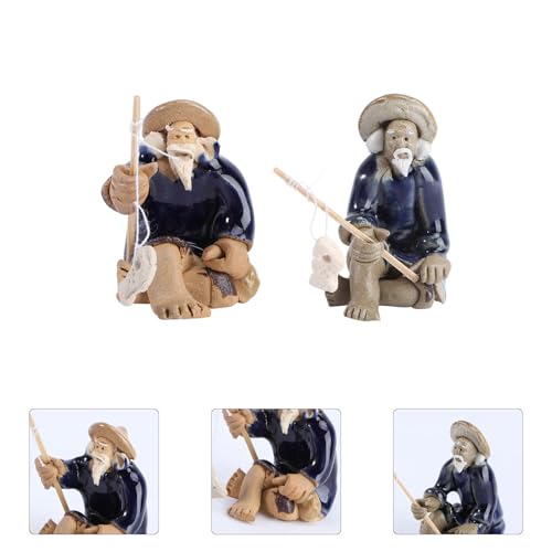 MERRYHAPY 2Pcs Fishing Bonsai Ceramic Fisherman Ornaments Aquarium Decorative Figurines Blue-Clothed Miniature Models for Freshwater Tank Landscaping Fish Tank Accessories