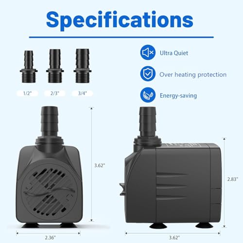 Submersible Water Pump, Ultra Quiet 400GPH(1500L/H,25W) Fountain Pump with Over Heating Protection 6.5ft High Lift, Pond Pump for Fish Tank, Pond, Aquarium, Statuary, Hydroponics